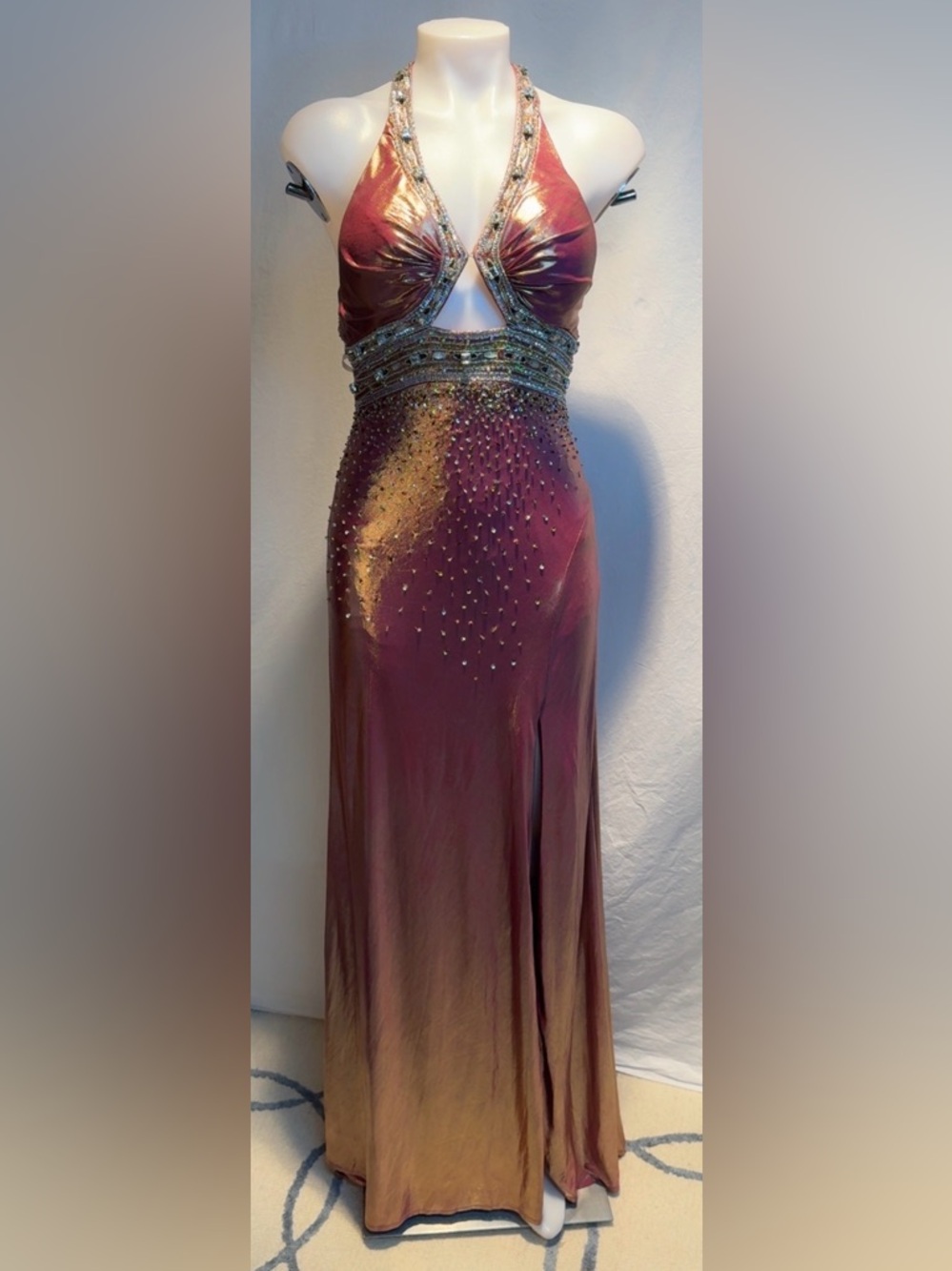 Riva Designs Ombre Gold and Burgundy Backless Halter Evening Gown
